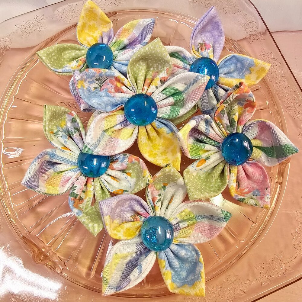6pc Joyful Garden Fabric Flower Set, Bright & Colorful Pastels, Blue Centers